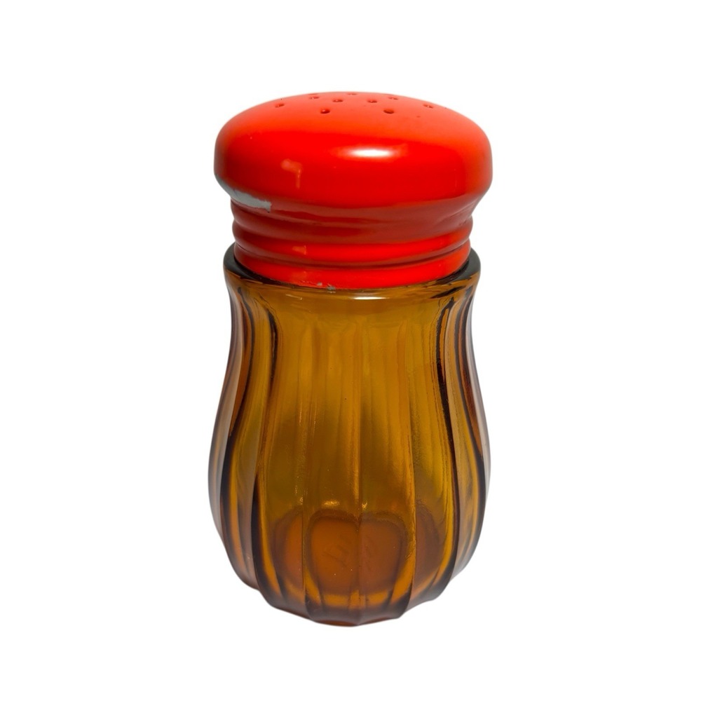 Vintage Takahashi Amber Ribbed Glass Orange Lid Salt Or Pepper Shaker Japan